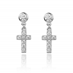 Silver Zircon Earrings Cross Earrings - 17 mm - White Zirconia