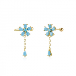 Boucles D'Oreilles Argent Zircone Earcuff Fleur Turquoise Dorure Or 19 mm