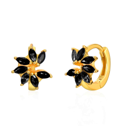 Silver Zircon Earrings Black Flower Hoop 9.5 mm Rhodium Silver