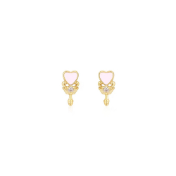 Silver Zircon Earrings Earrings Heart Scorpio - White Zirconia - 8 mm - Pink Enamel - Gold Plated Silver