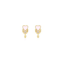 Silver Zircon Earrings Earrings Heart Scorpio - White Zirconia - 8 mm - Pink Enamel - Gold Plated Silver