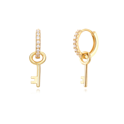Silver Zircon Earrings Zirconia Key Earrings - 11+13 mm  - Gold Plated and Rhodium Silver