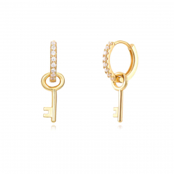 Silver Zircon Earrings Zirconia Key Earrings - 11+13 mm  - Gold Plated and Rhodium Silver