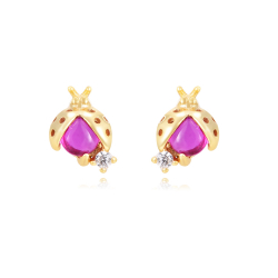 Silver Zircon Earrings Ruby Zirconia Ladybug Earrings - 6,5 mm  - Gold Plated and Rhodium Silver