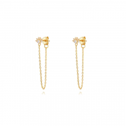 Silver Zircon Earrings Flower Chain Earrings - Zirconia - 35 mm - Gold Plated Silver and Rhodium Silver