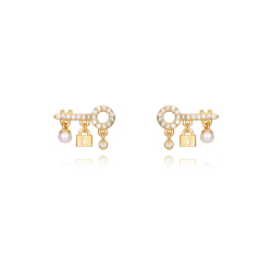 Silver Zircon Earrings Kay Earrings - White Zirconia Pearl- 13 * 9 mm - Gold Plated Silver and Rhodium Silver