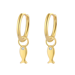 Silver Zircon Earrings Zirconia Earrings - Hoop 12 mm - Fish 3*7 - Gold Plated Silver And Rhodium Plated Silver