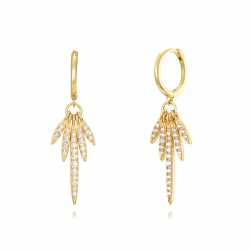 Silver Zircon Earrings Feather Earrings - Zirconia - 11 + 23 mm - Gold Plated and Rhodium Silver