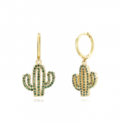 Silver Zircon Earrings Cactus Earrings - Green Zirconia - 11+13 mm - Gold Plated