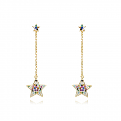 Silver Zircon Earrings Earrings Star Chain - Multi Zirconia - 43 mm - Gold Plated