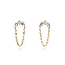 Silver Zircon Earrings Chain Earrings - Multi Zirconia - 7,5 mm - Gold Plated and Rhodium Silver