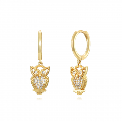 Silver Zircon Earrings Hoop Zircon Earrings - Owl - 11 + 12 mm - Gold Plated and Rhodium Silver