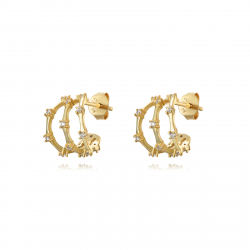 Pendiente Plata Circonita Pendientes Semi Aro Triple - Circonita Blanca - 11 mm - Bañado Oro y Plata Rodiada