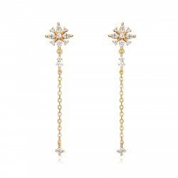 Silver Zircon Earrings Large Chain Dangling Earrings - Flower Zircon - 42mm - Gold plated and Rhodium Silver