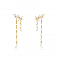Silver Zircon Earrings Large Chain Dangling Earrings - Flower Zircon - 30mm - Gold plated and Rhodium Silver