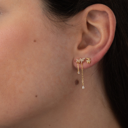 Boucles D'Oreilles Argent Zircone Boucles d’oreilles pendantes à grande chaîne - fleur Zircon - 30mm - Plaqué Or et Argent Rhodium