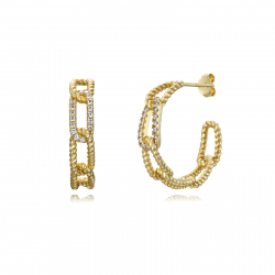  Link Semi Hoop Earrings - 20 mm - Zirconia - Gold plated and Rhodium Silver