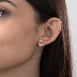 Ohrringe Silber Zirkonia Silberohrringe mit Zirkonia – Doppeltes Herz – 16 mm – Vergoldet und rhodiniertes Silber