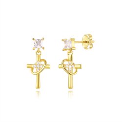 Ohrringe Silber Zirkonia Silber Ohrringe mit Zirkonia - Kreuz - 17 mm - Vergoldet und Rhodiniertes Silber