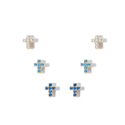 Silver Zircon Earrings Silver Earrings - Pack of Three - Crosses - Blue Topaz, Blue and White - Gold Plated and Rhodium Plated Silver