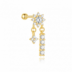 Ohrringe Piercing Piercing Silber Zirkonia - Blume, Stab und Stern - 19 mm - Vergoldet und Rhodiniertes Silber