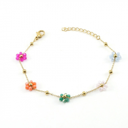  Bracelet Acier Fleur - Zircone Multi - 18+3 cm - Couleur Or