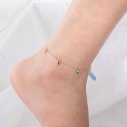 Zirconia Silver Anklets Rectangle  Anklet - Multi Zirconia - 23+2 cm - Gold Plated and Rhodium Silver