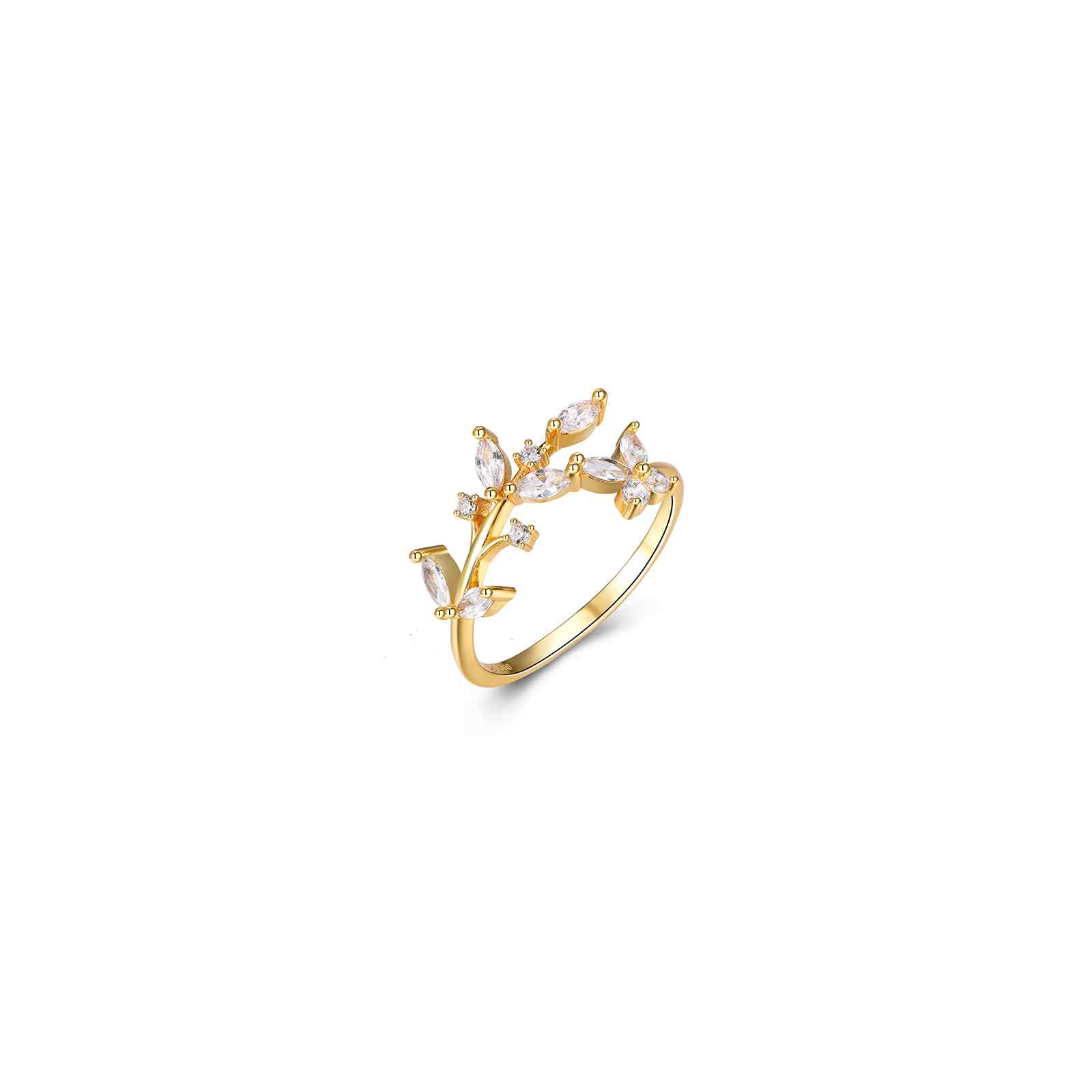 Anillo Plata Circonita Anillo Circonita Hojas y Mariposa - 10 mm - Bañado Oro