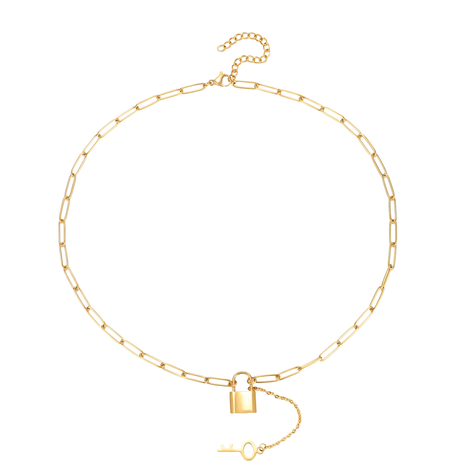 Steel Necklaces Steel Necklace - Lock Key - 40+5 cm - Gold Color