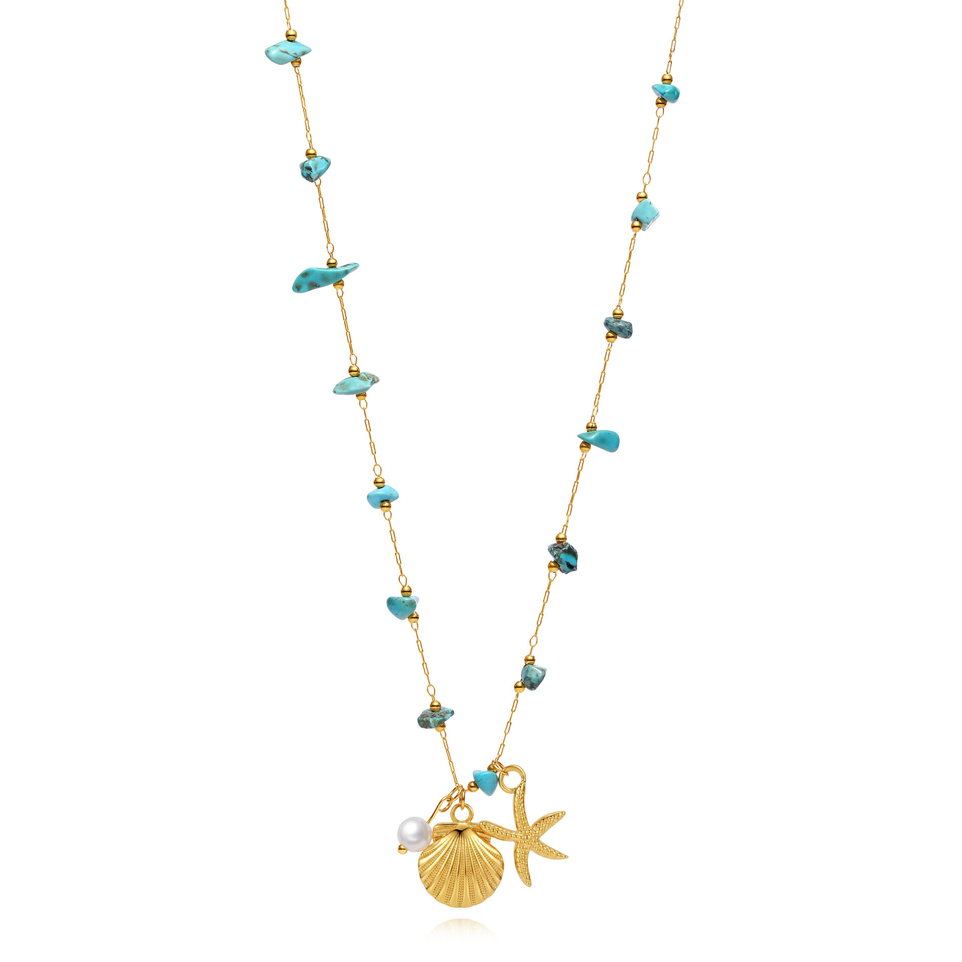 Collar Acero Mineral Collar Acero Liso - Perla - Estrella de Mar - Concha - 42+5 cm - Color Oro y Color Acero