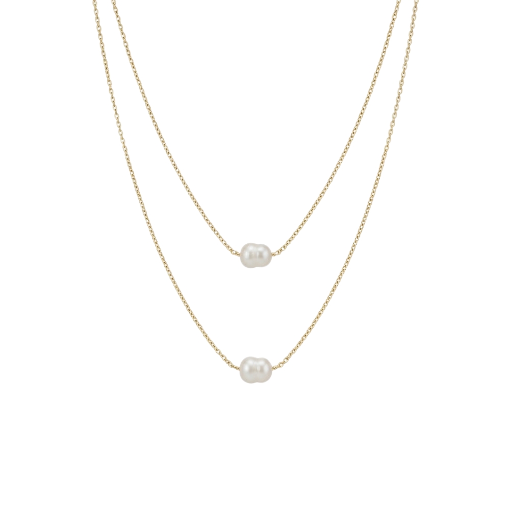 Collar Acero Mineral Collar Acero Liso - Perlas - Doble - 40+5 cm - Color Oro y Color Acero