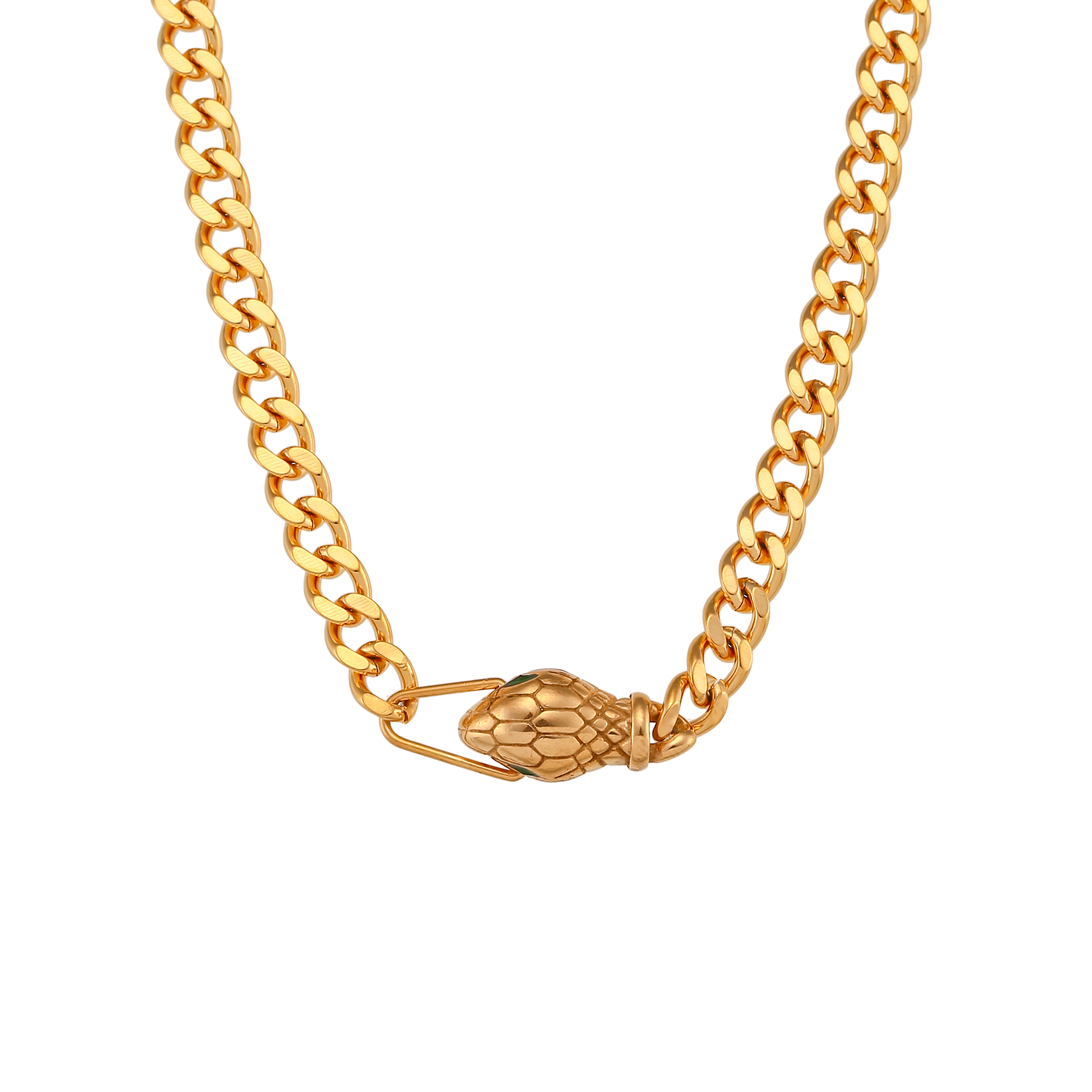 Steel Zircon Necklaces Steel Necklace - Link With Snake Head - Green Zirconia - 32 + 8 cm - Gold Colour