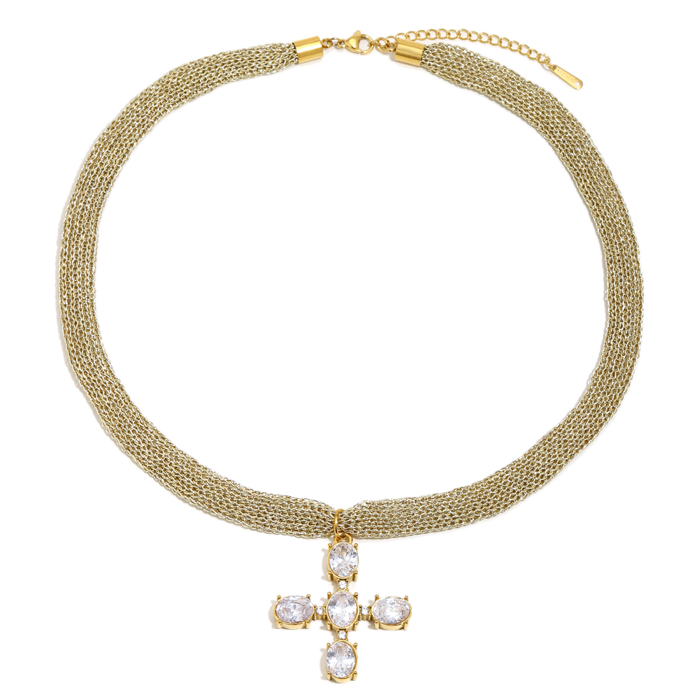 Collar Acero Circonita Collar Malla Circonita - Cruz - 40 mm - Circonita  - 45 + 5 cm - Color Oro