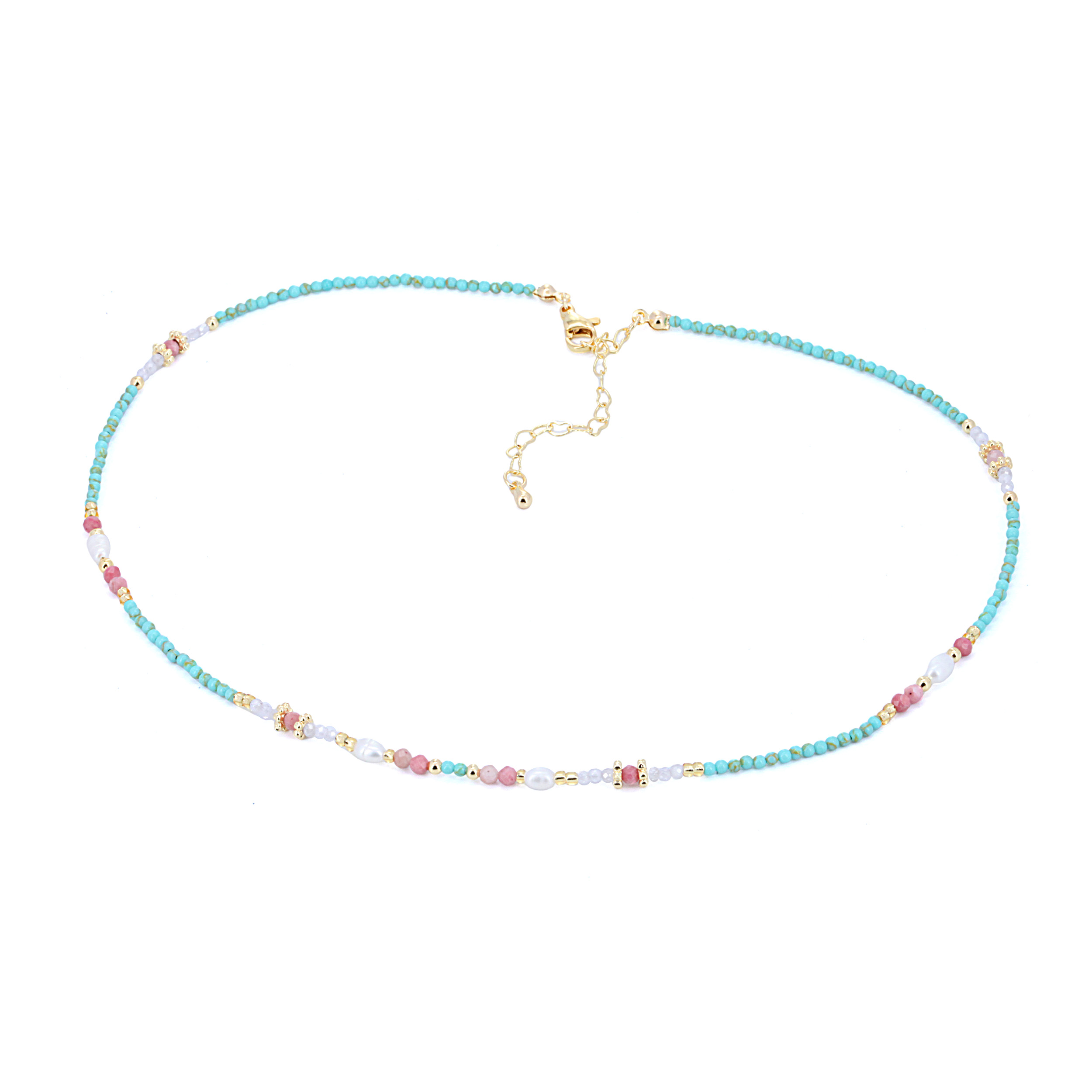 Collar Bronce Mineral Collar Minerales y Perlas - Turques y Rodonita - 39 + 6 cm - Bañado Oro