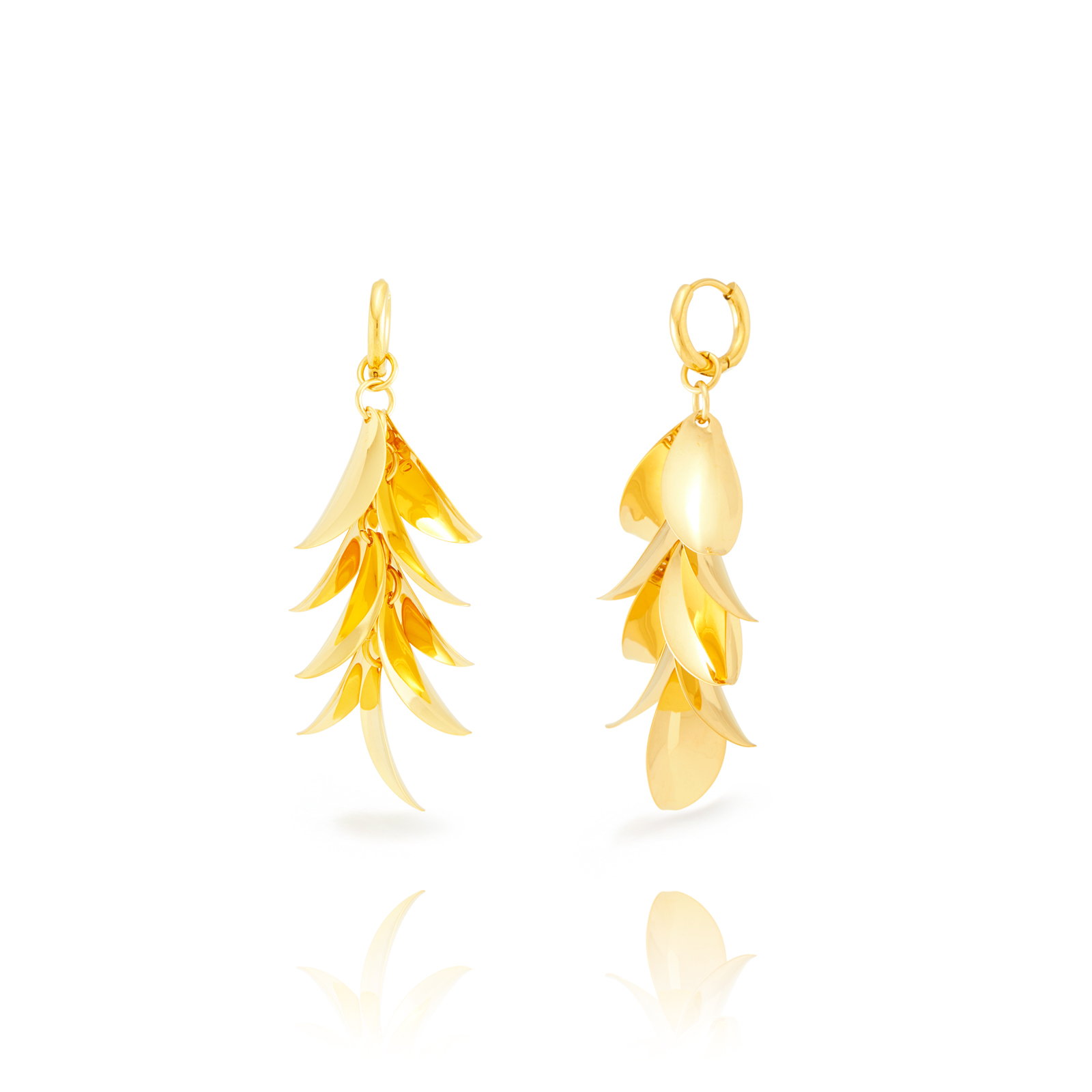 Boucles D'Oreilles Acier Lisse Boucles d'oreilles en acier - Créoles 12 mm - Grappe de feuilles - 60 mm - Or et argent