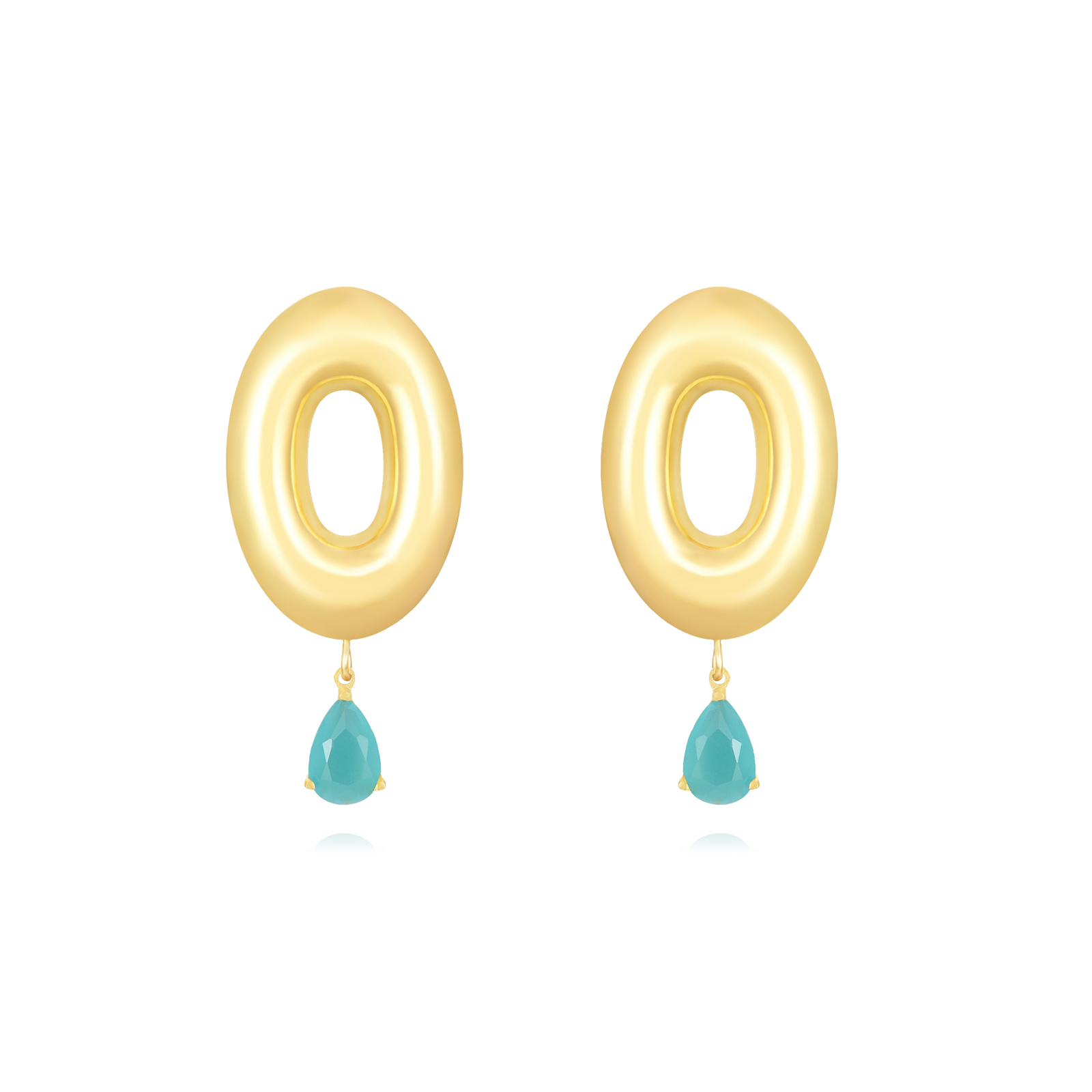 Steel Stone Earrings Oval Earrings with Mineral Teardrop - Glass Chalcedony - 44mm - Gold Color