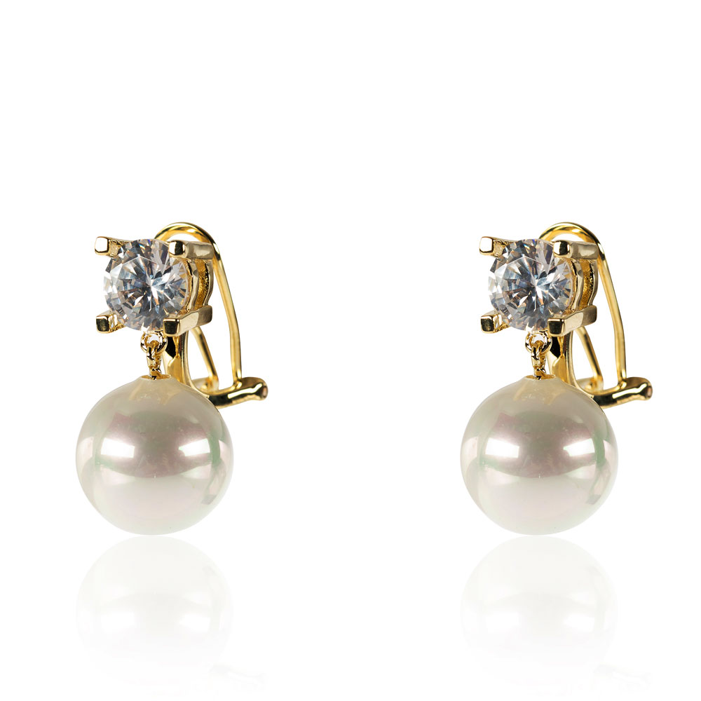 Silver Stone Earrings Cultured Pearl Earrings - White Zirconia - 22 mm - Zirconia - Gold plated