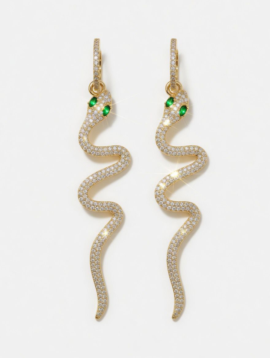 Boucles D'Oreilles Bronze Zircone Boucles d'oreilles - Zirconia Verte - Serpent - 56 mm - Plaqué or et Argent Rhodié