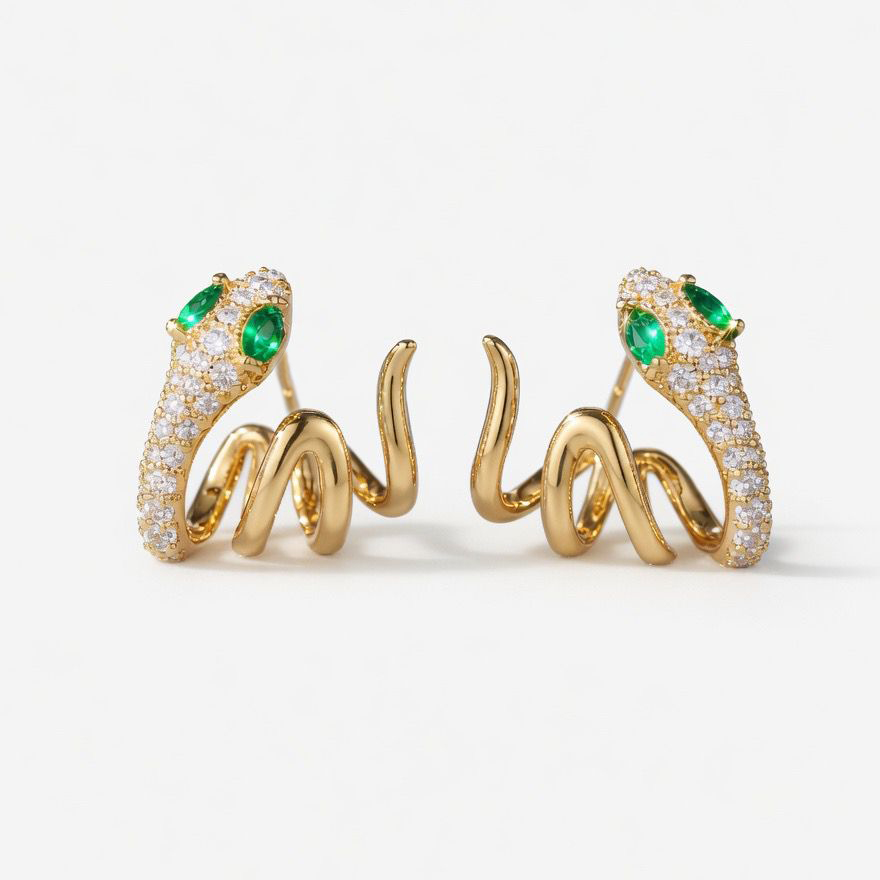 Boucles D'Oreilles Bronze Zircone Boucles d'oreilles Ear Cuff - Zirconia Verte - Serpent - 17 mm - Plaqué or et Argent Rhodié