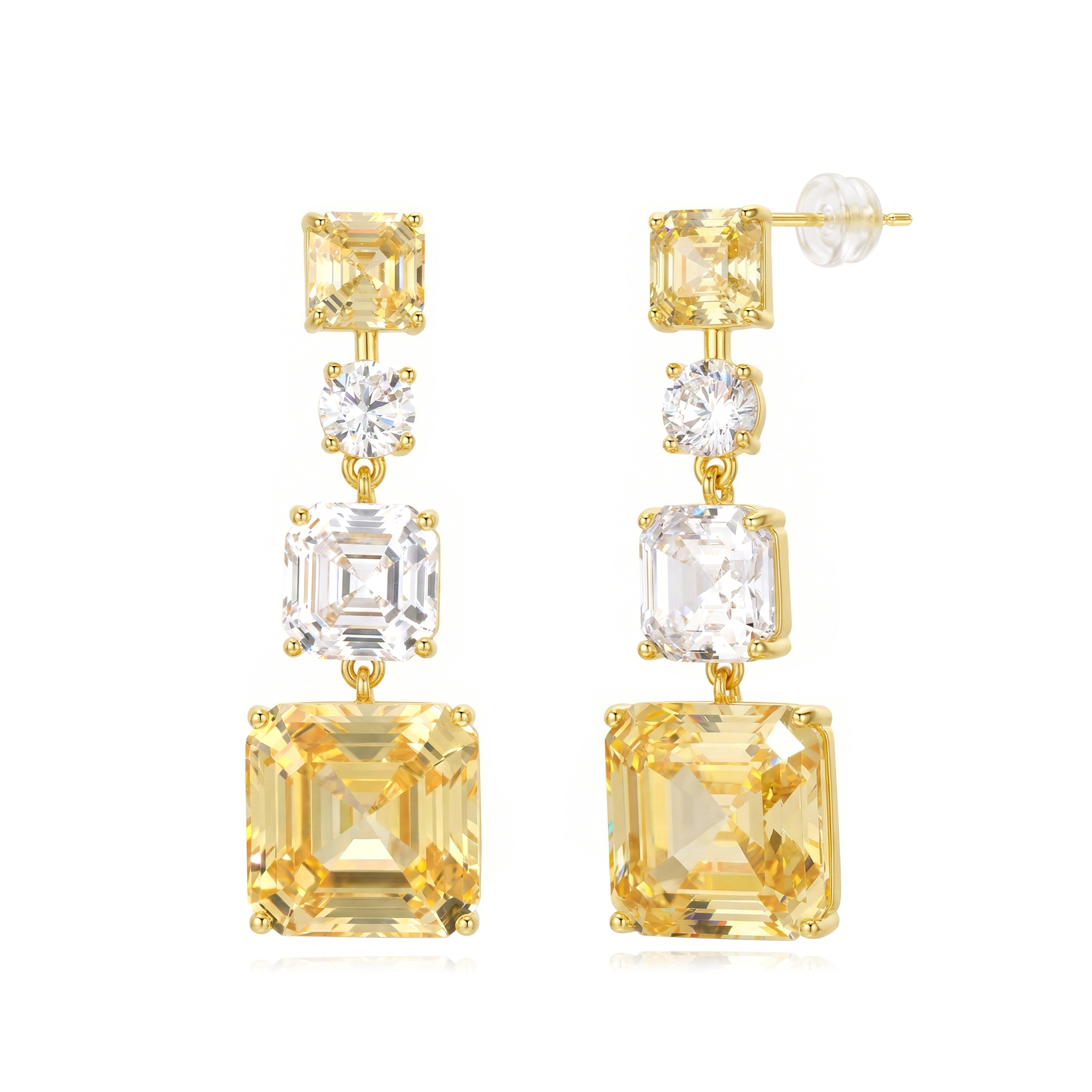 Pendiente Bronce Circonita Pendientes - Circonita Amarilla - Corte de Princesa - 37 mm - Bañado Oro y Plata Rodiada