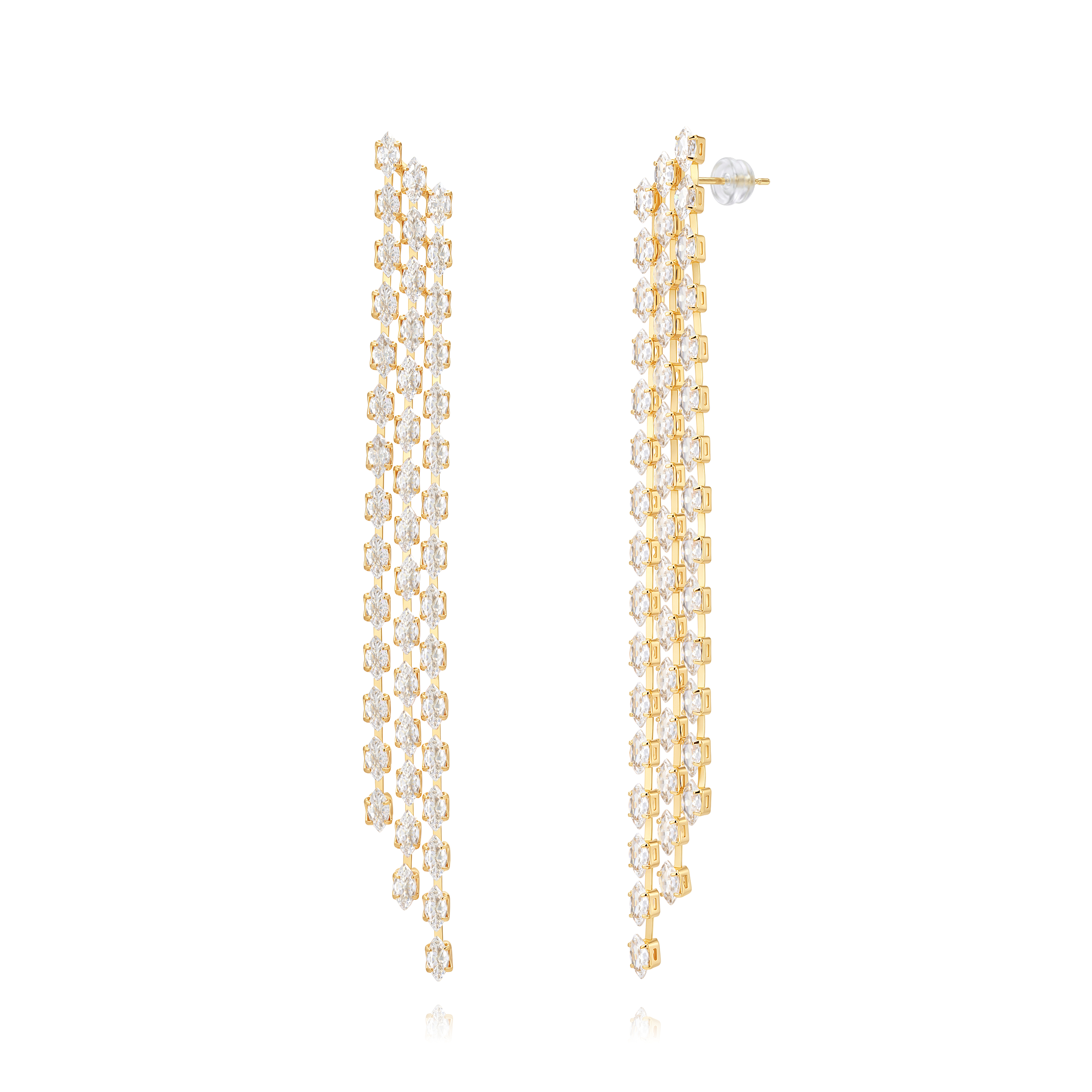 Pendiente Bronce Circonita Pendientes - Circonita Marquesa - Triple Colgante Largo - 11 cm - Bañado Oro y Plata Rodiada