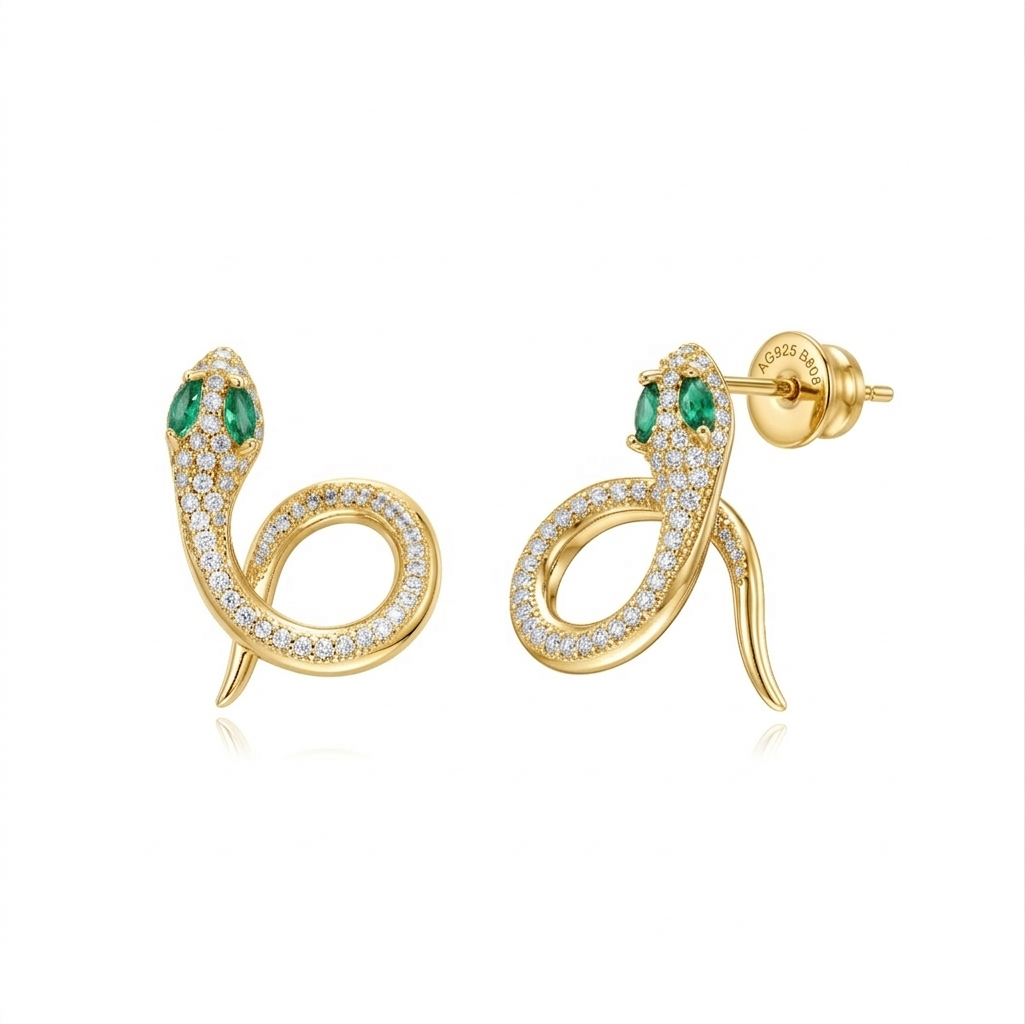 Boucles D'Oreilles Bronze Zircone Boucles d'oreilles - Zirconia Verte - Serpent - 17 mm - Plaqué or et Argent Rhodié