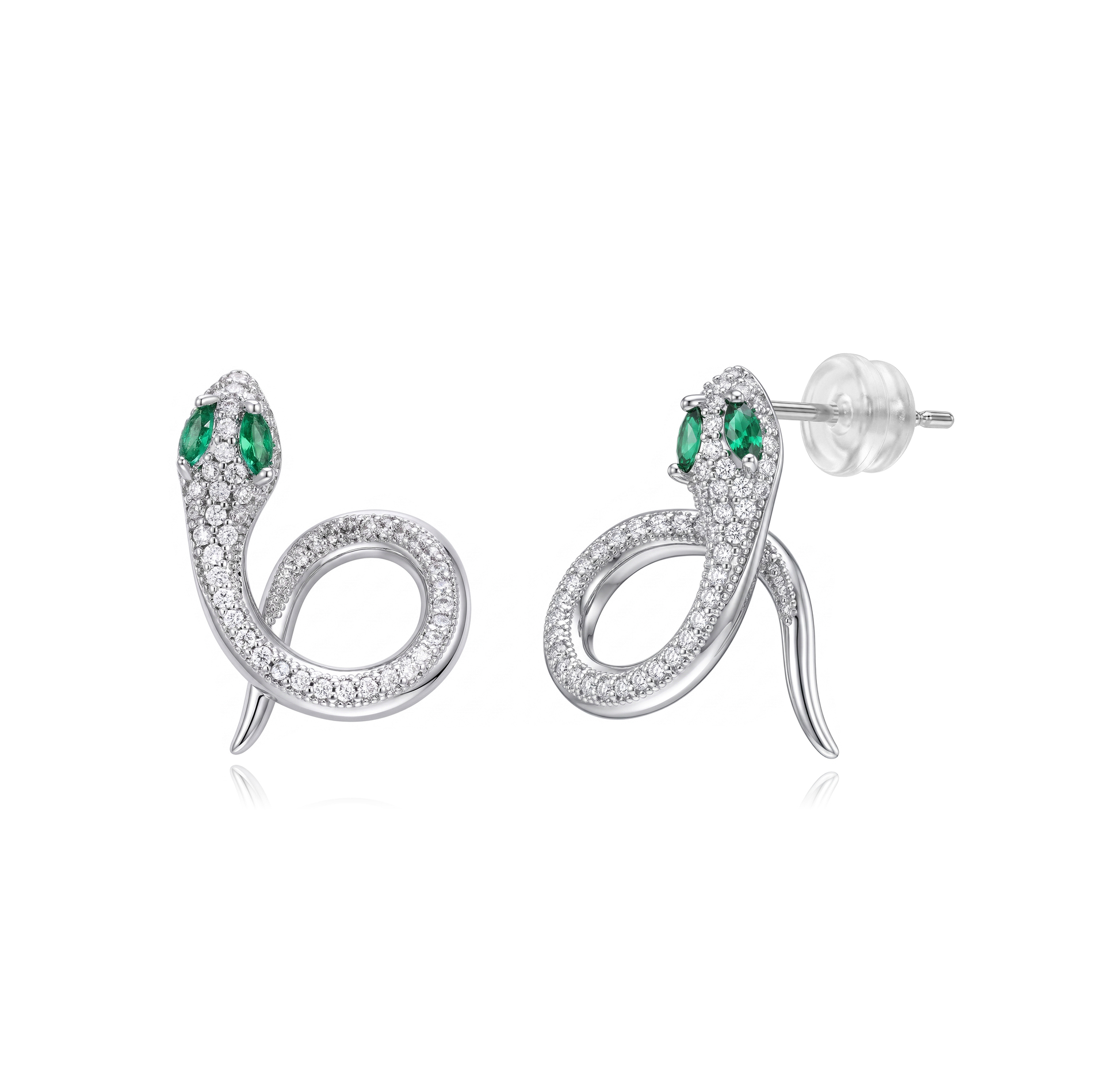 Pendiente Bronce Circonita Pendientes - Circonita Verde - Serpiente - 17 mm - Bañado Oro y Plata Rodiada