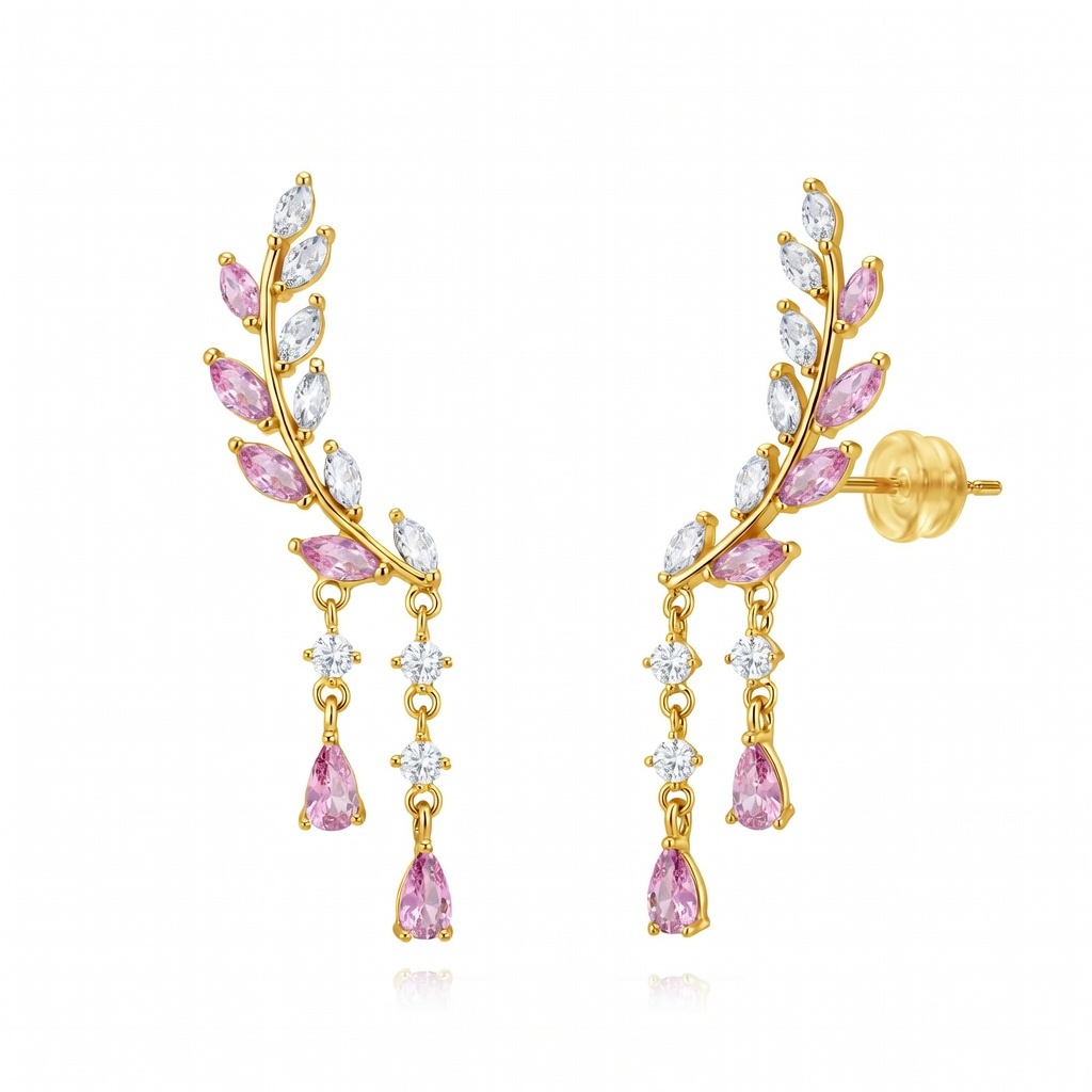 Pendiente Bronce Circonita Pendientes - Circonita Rosa - Pluma - 44 mm - Bañado Oro y Plata Rodiada