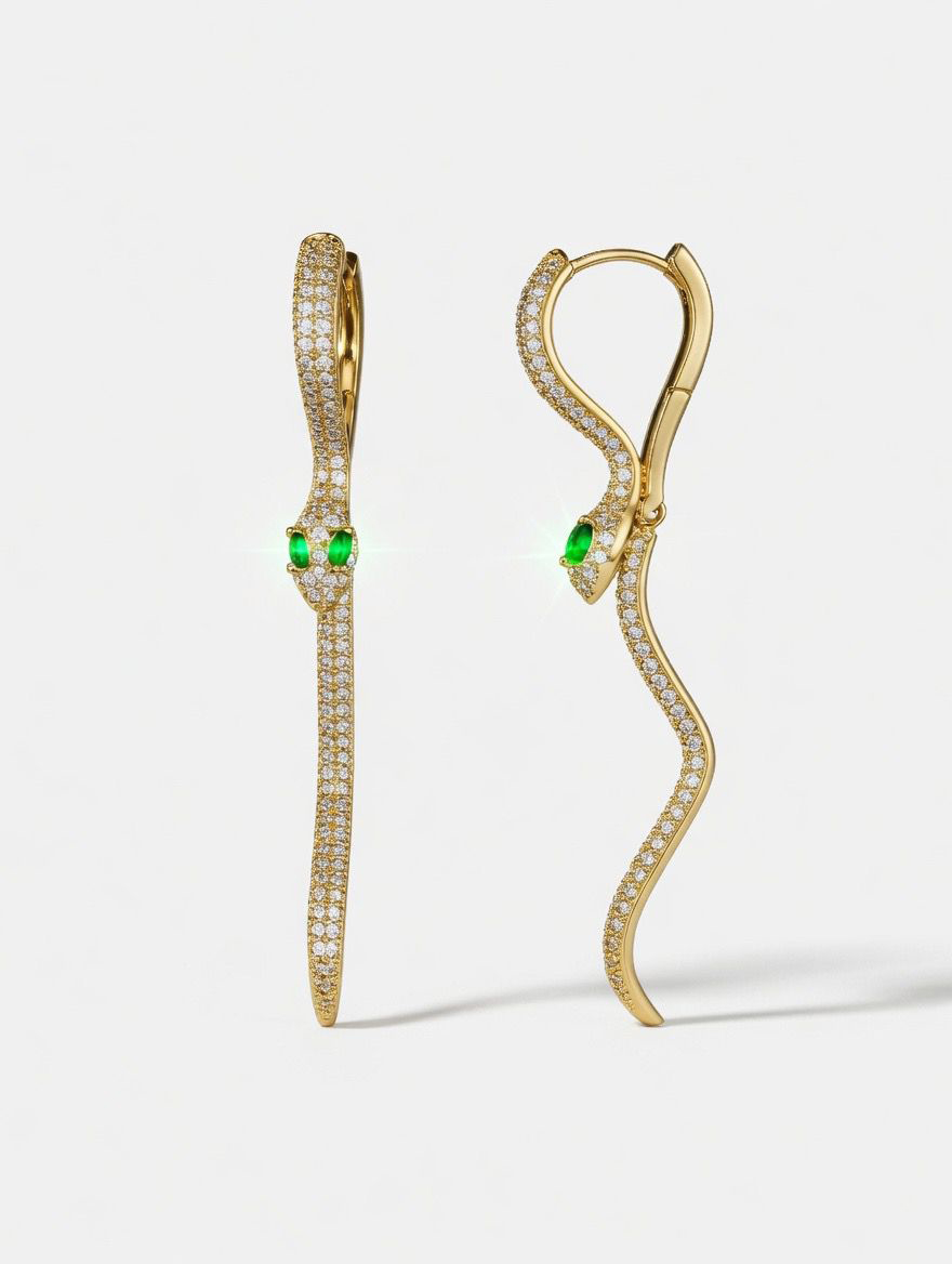 Boucles D'Oreilles Bronze Zircone Boucles d'oreilles - Zirconia Verte - Serpent - 58 mm - Plaqué Or et Argent Rhodié