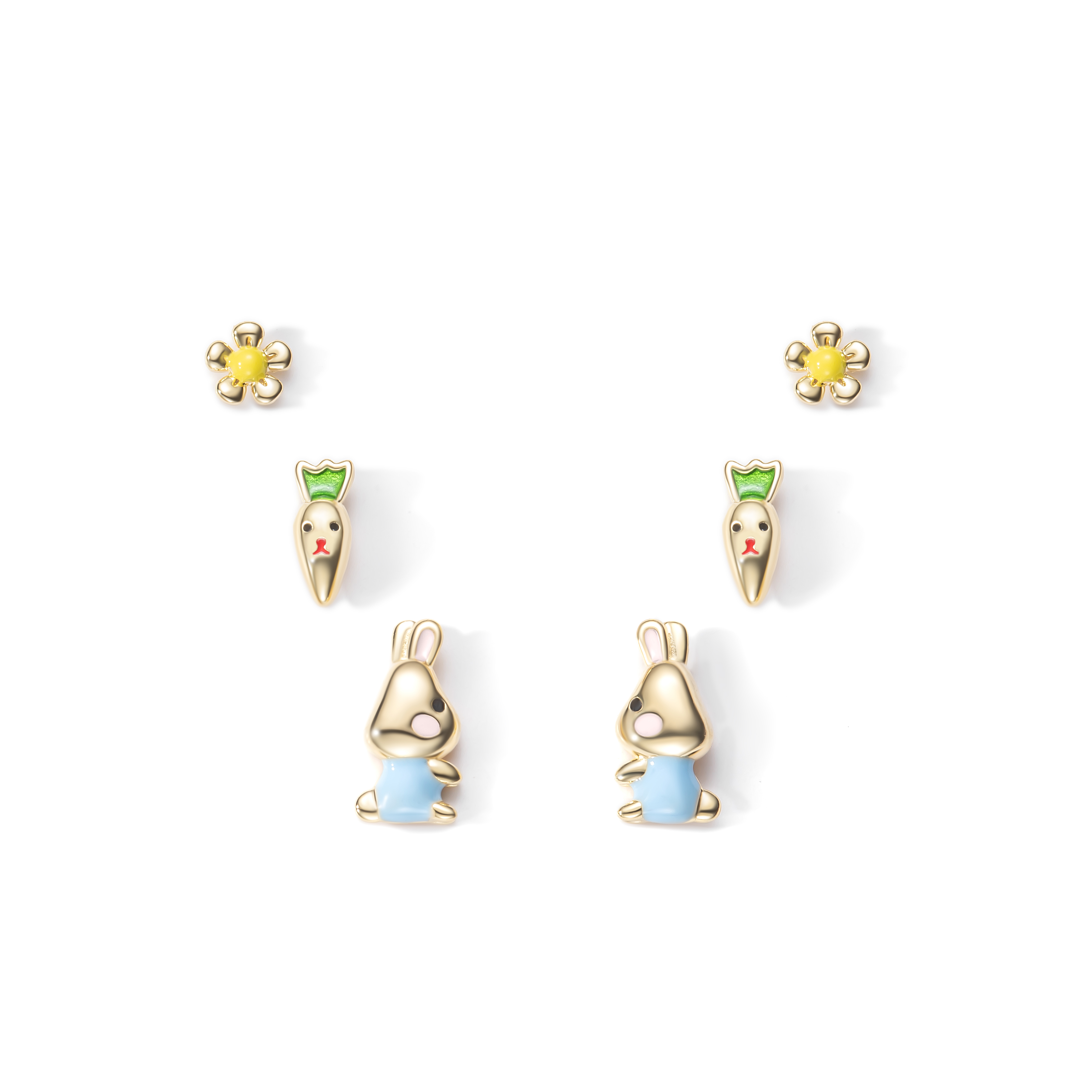Pendiente Plata Lisa Pendientes Plata - Pack de Tres - Conejo , Zanahoria , Flor - Bañado en Oro y Plata Rodiada