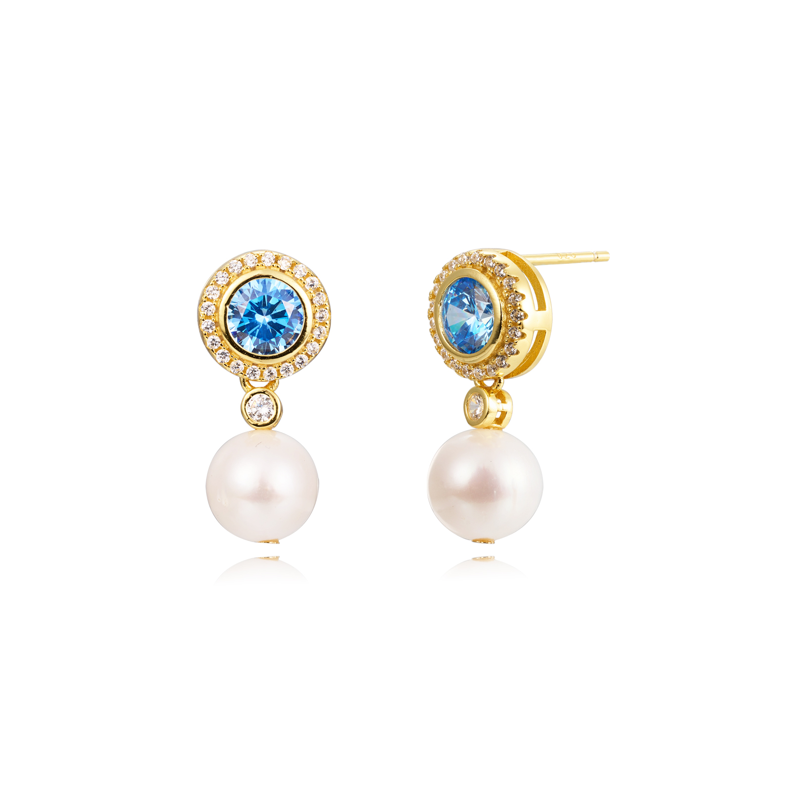 Silver Stone Earrings Cultured Pearl Earrings - Blue Zirconia - 8mm - Gold plated and Rhodium Silver