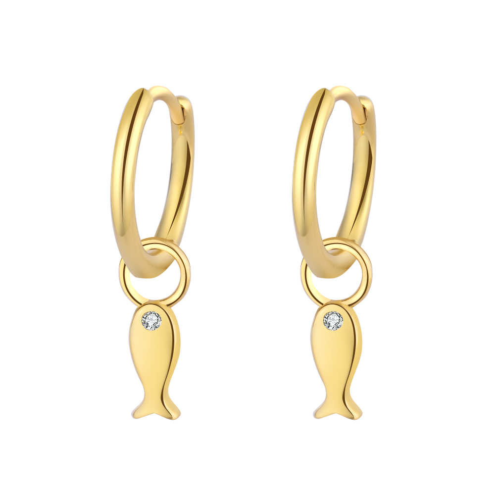 Silver Zircon Earrings Zirconia Earrings - Hoop 12 mm - Fish 3*7 - Gold Plated Silver And Rhodium Plated Silver