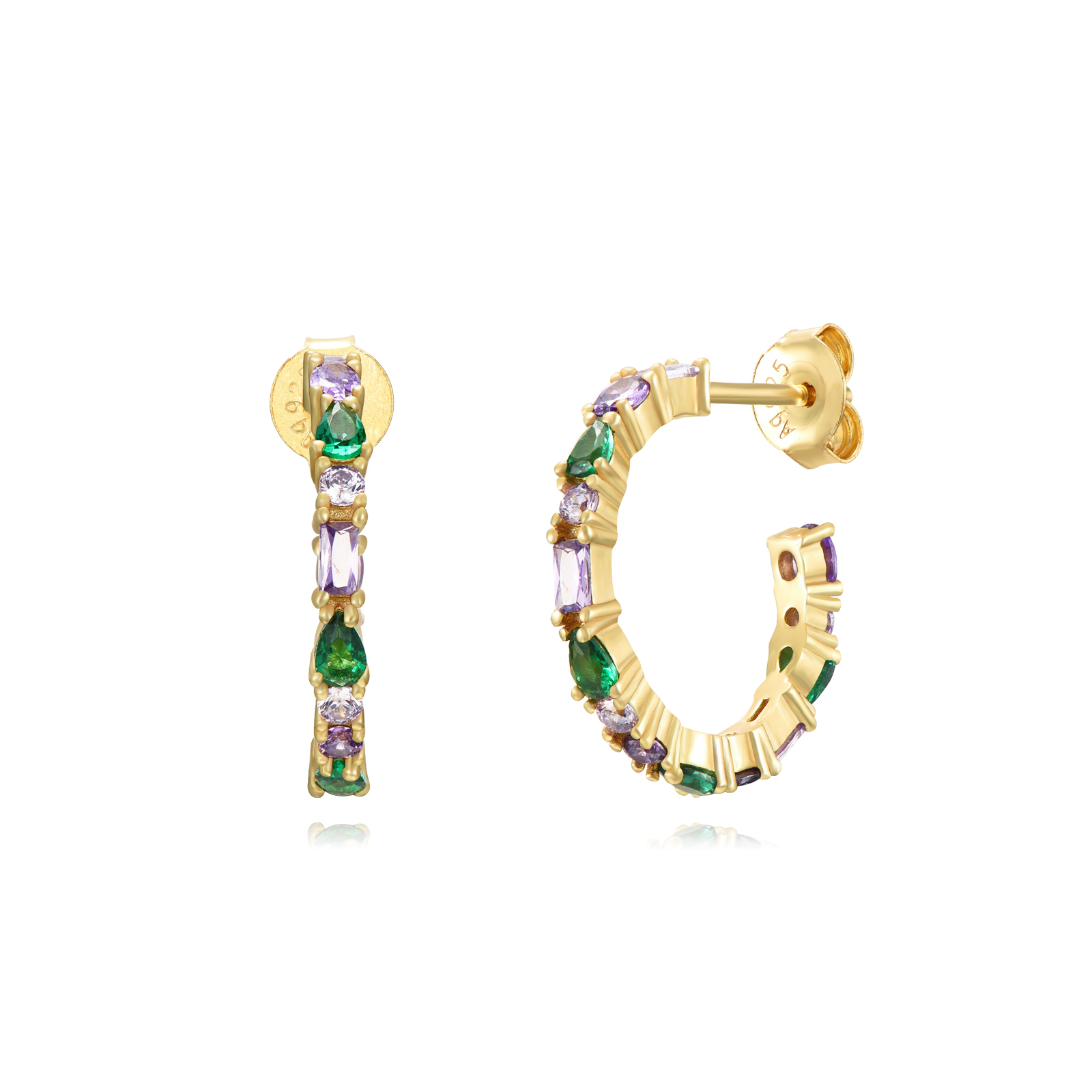 Silver Zircon Earrings Semi Hoop - Multi Zirconia Earrings - 17 mm - Gold Plated