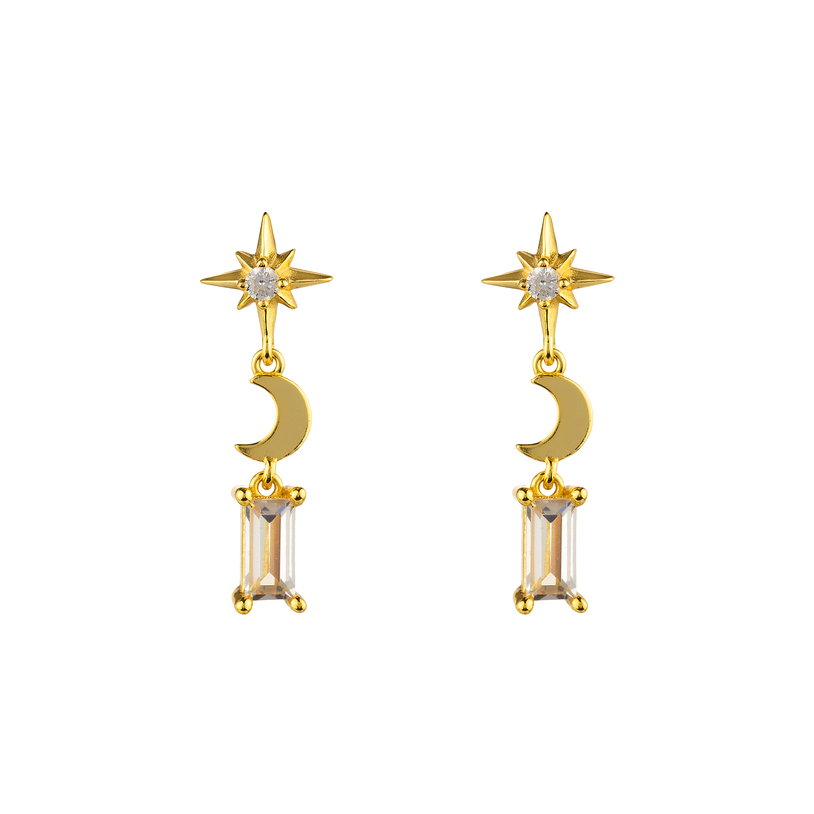 Pendiente Plata Circonita Pendientes Estrella y Luna - Circonita - 23 mm - Bañado Oro